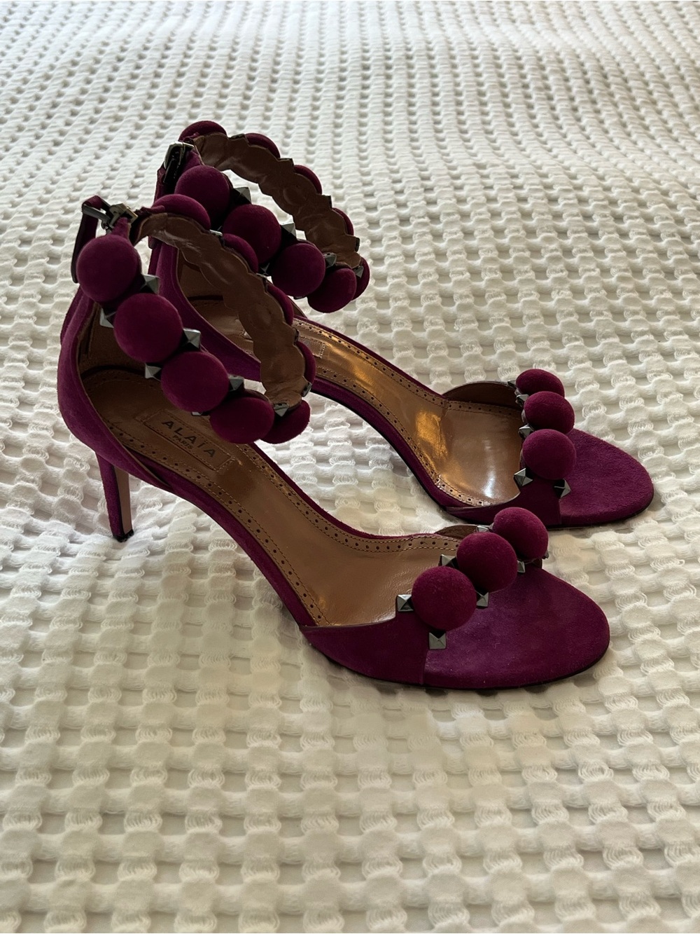 Alaia Dark Magenta Suede Studded Bombe Sandals Heels